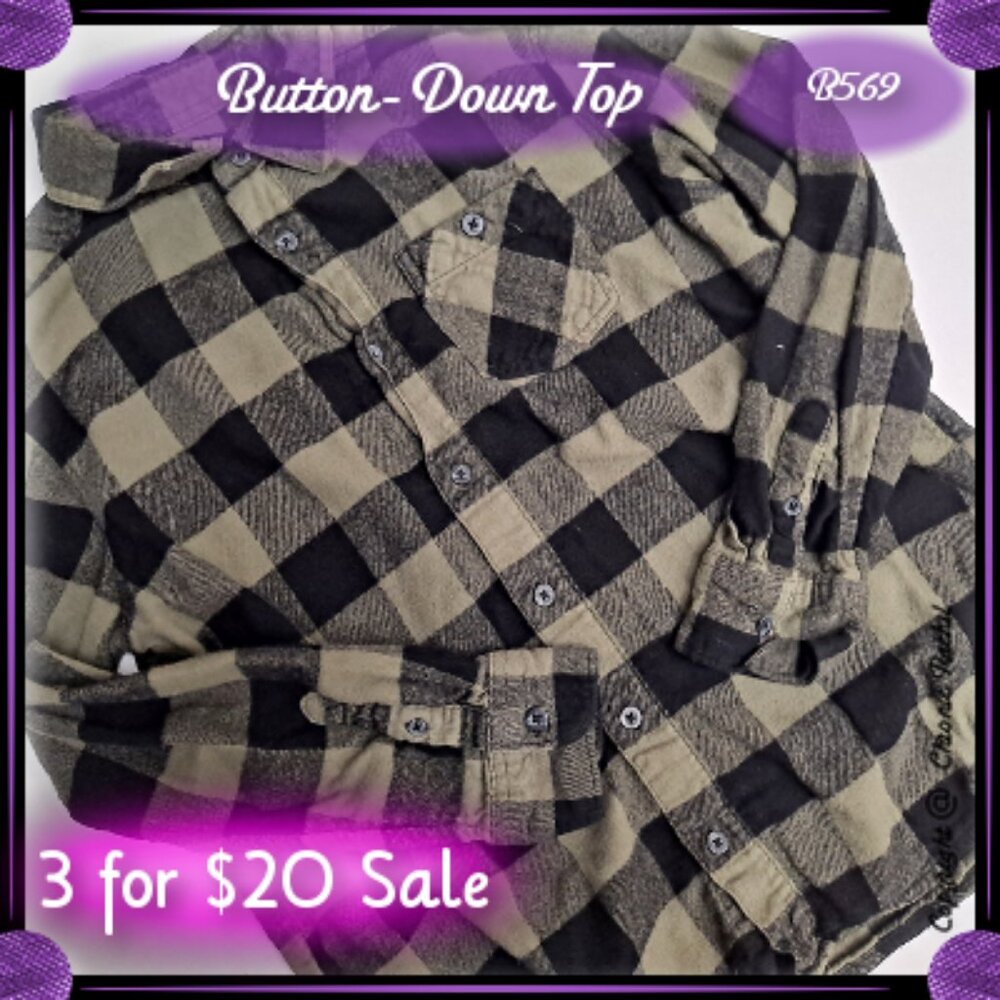 Green and Black Button-Down Long-Sleeve Plaid Top